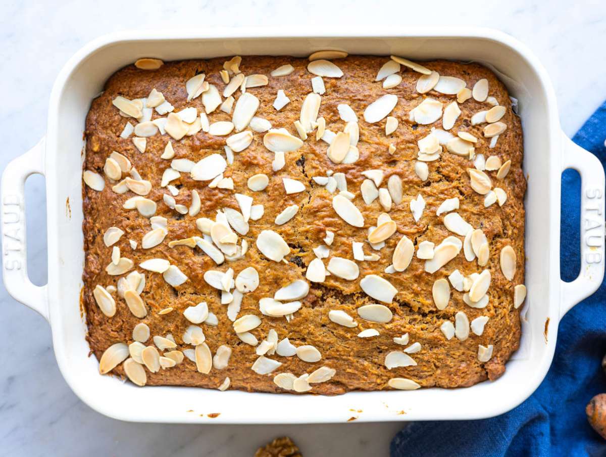 Step 4 Baked Greek yogurt carrot cake cooling in baking dish.