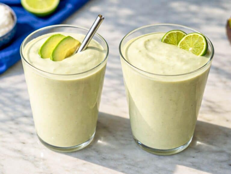 Two glasses of creamy avocado smoothie topped with lime slices and avocado on marble surface.