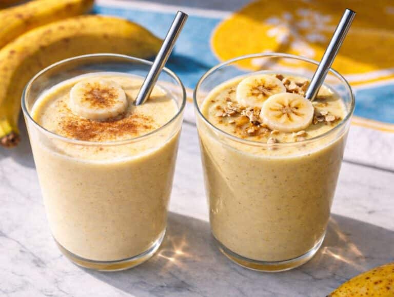 Two glasses of creamy banana smoothie near sunlit kitchen window.