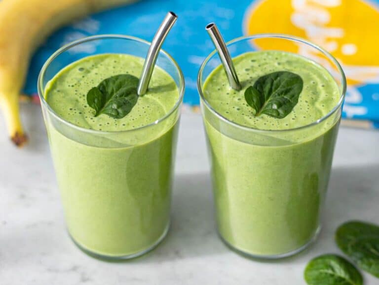 Two tall glasses of bright green smoothie topped with spinach leaves and metal straws on marble table.