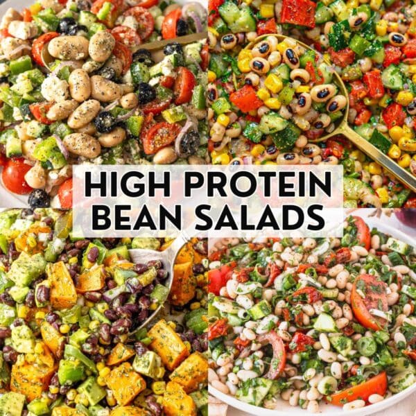 A collage of mediterranean and high protein bean salad recipes.