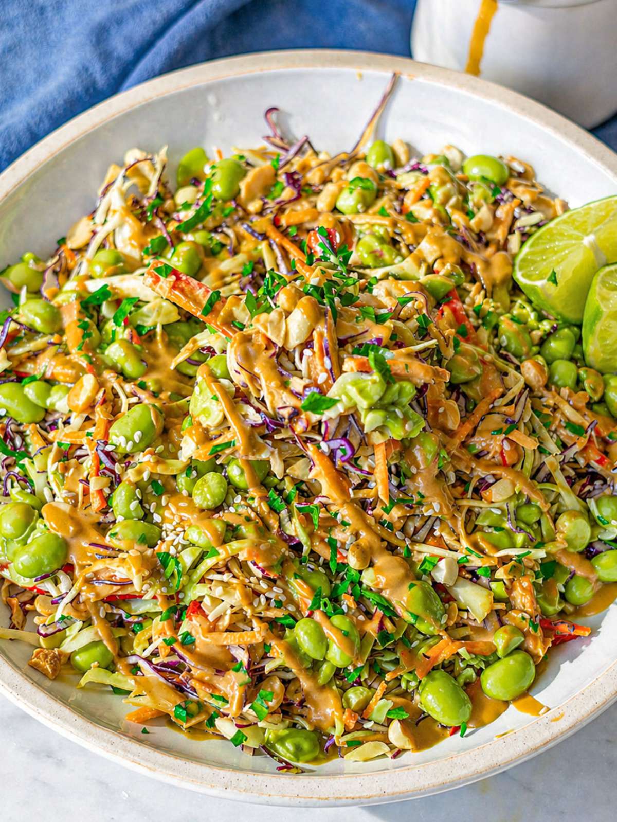 Asian cabbage salad with edamame, carrots, and peanut dressing on marble in natural light.