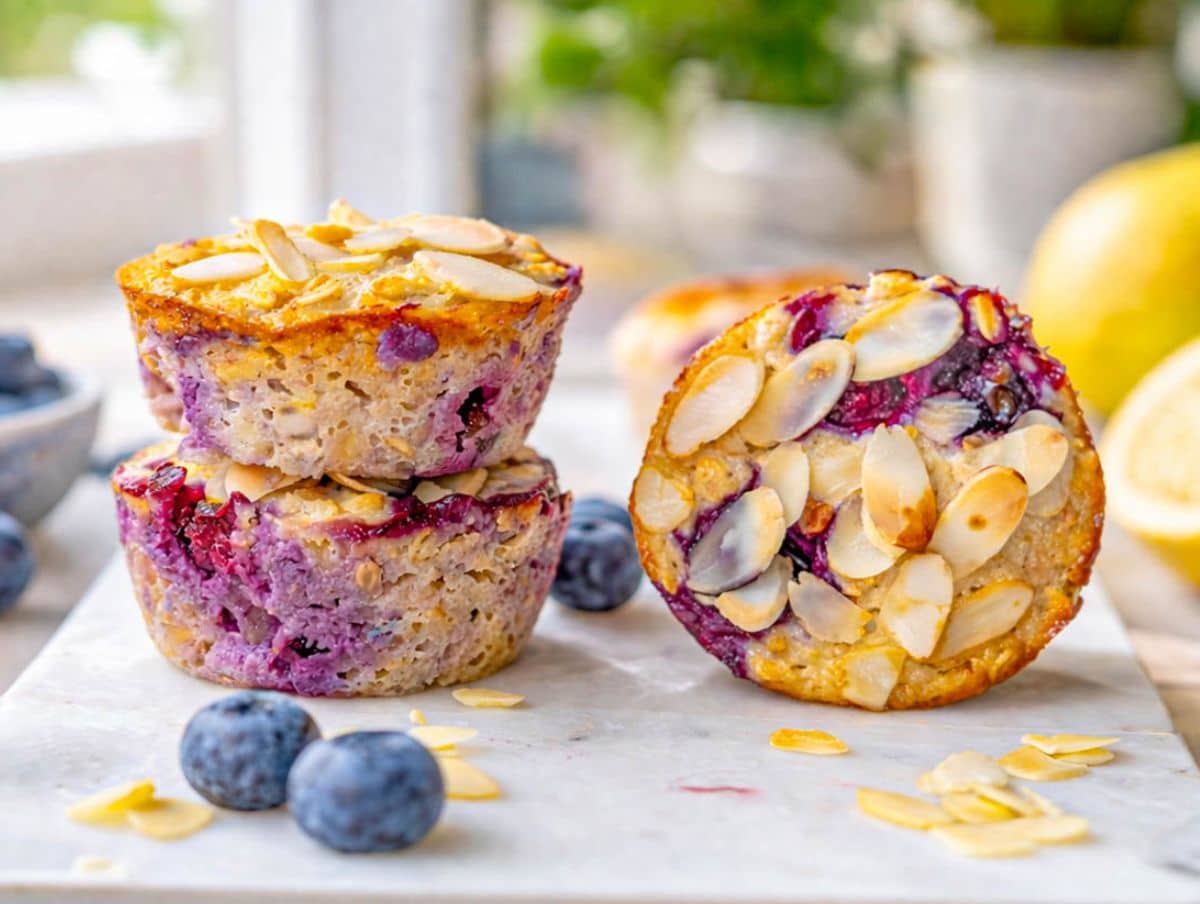 Blueberry baked oatmeal cups with almonds on marble surface in soft natural window light.