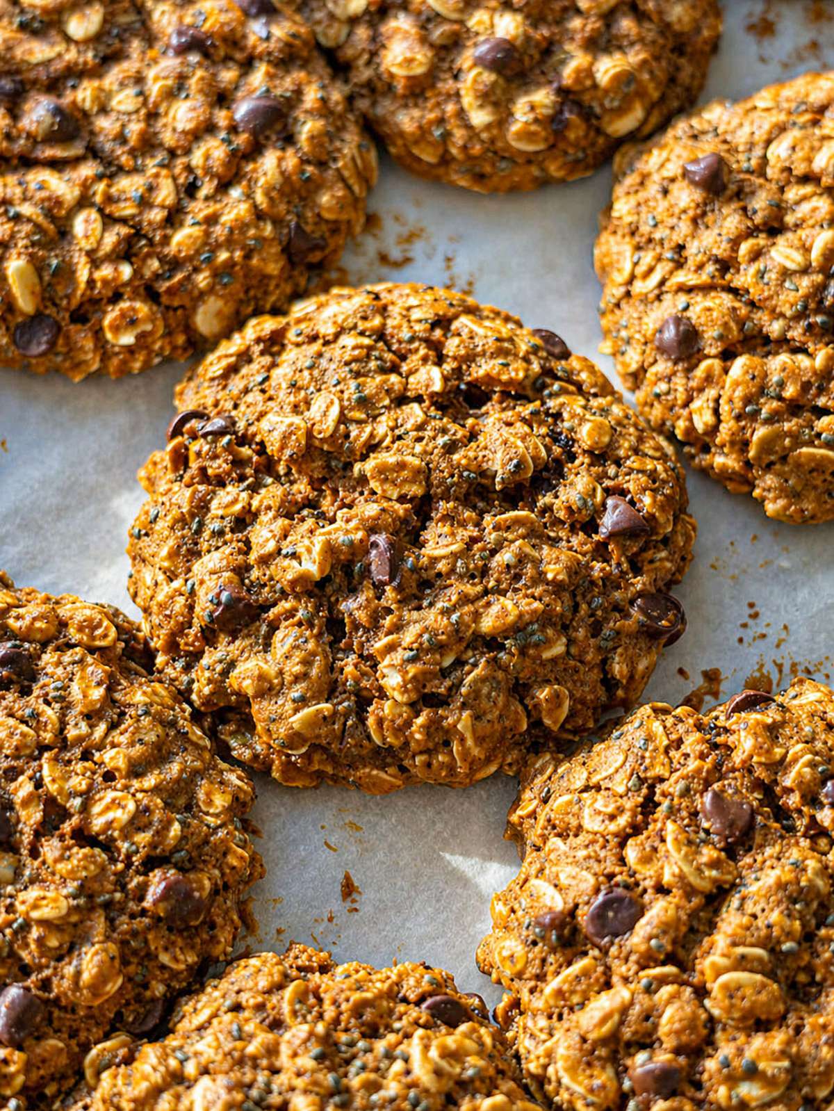 Close up of a healthy breakfast cookie showing oats, seeds, and chocolate chips.