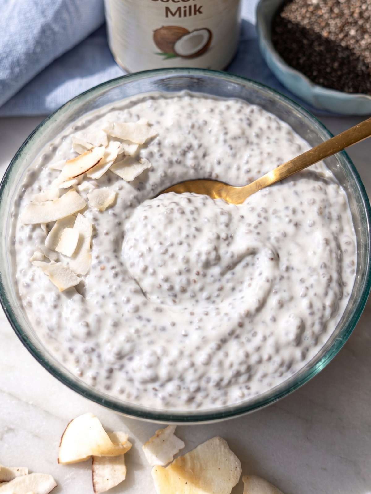 Close up of coconut chia pudding showing thick creamy texture and chia seeds.