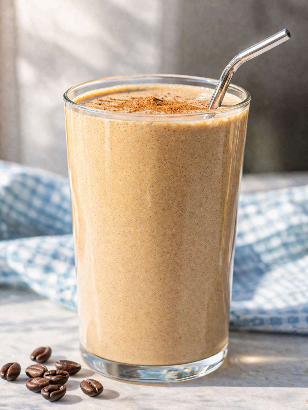 Close up of coffee smoothie showing thick creamy texture and light foam on top.