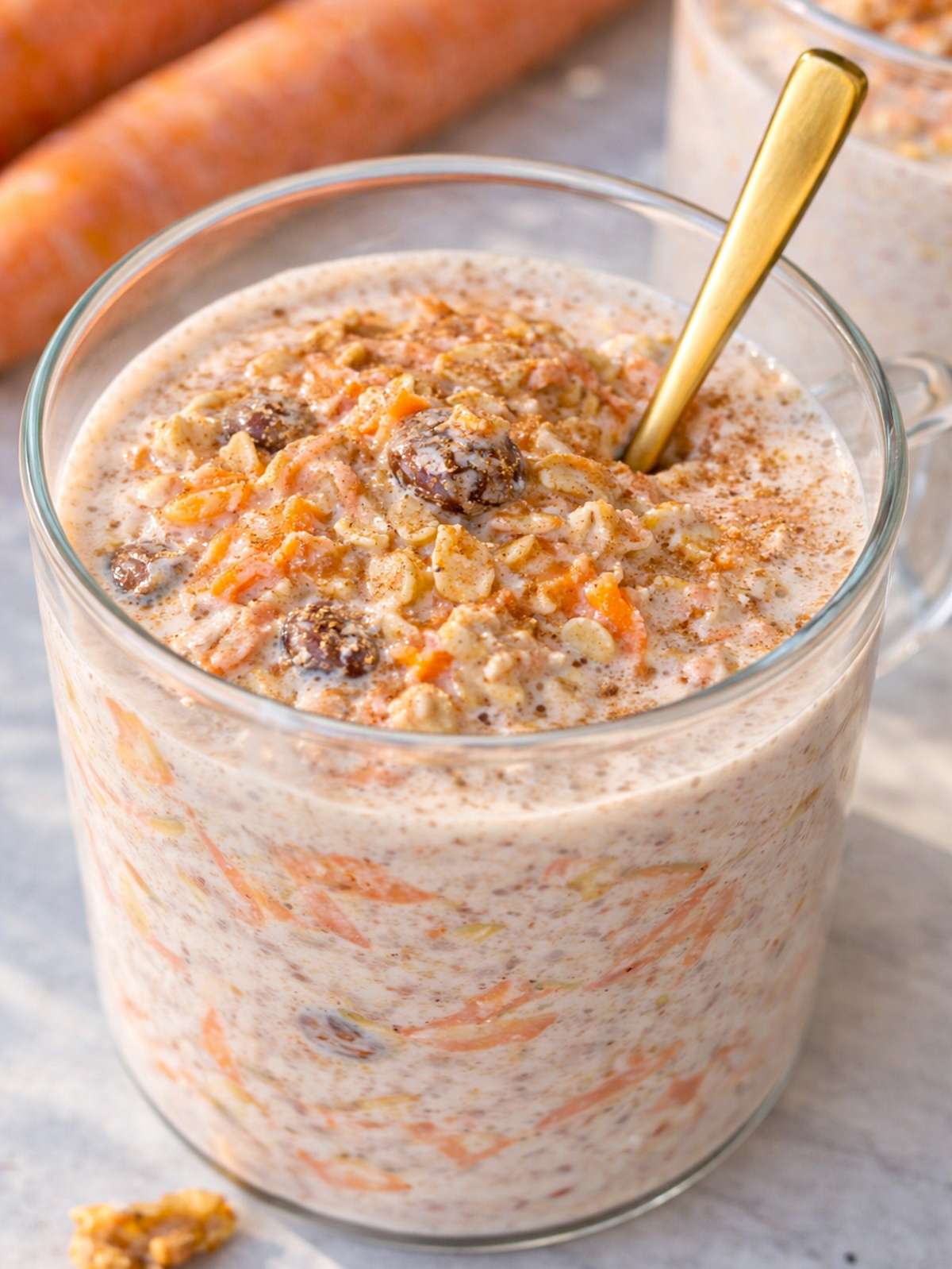 Close-up of creamy overnight oats with grated carrots and raisins, soft texture visible.