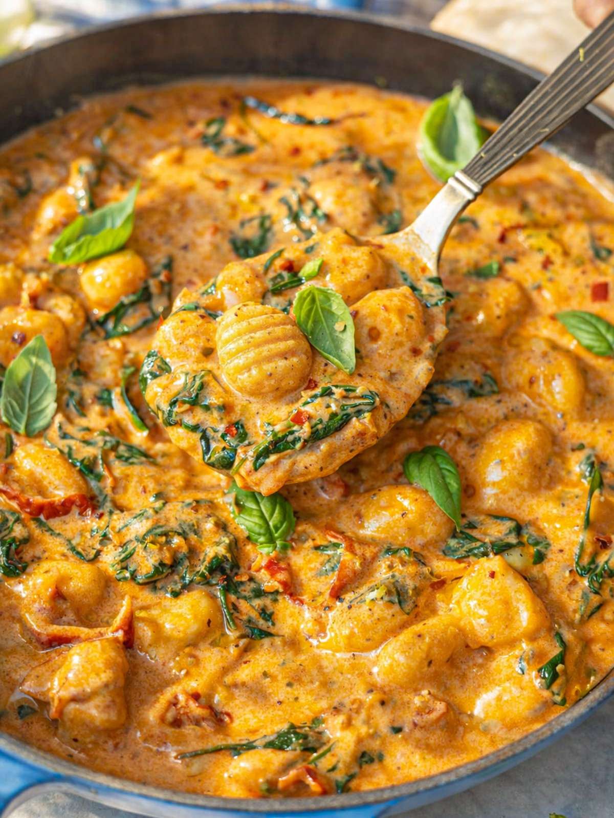 Close up of gnocchi coated in creamy sauce with wilted spinach and parmesan.