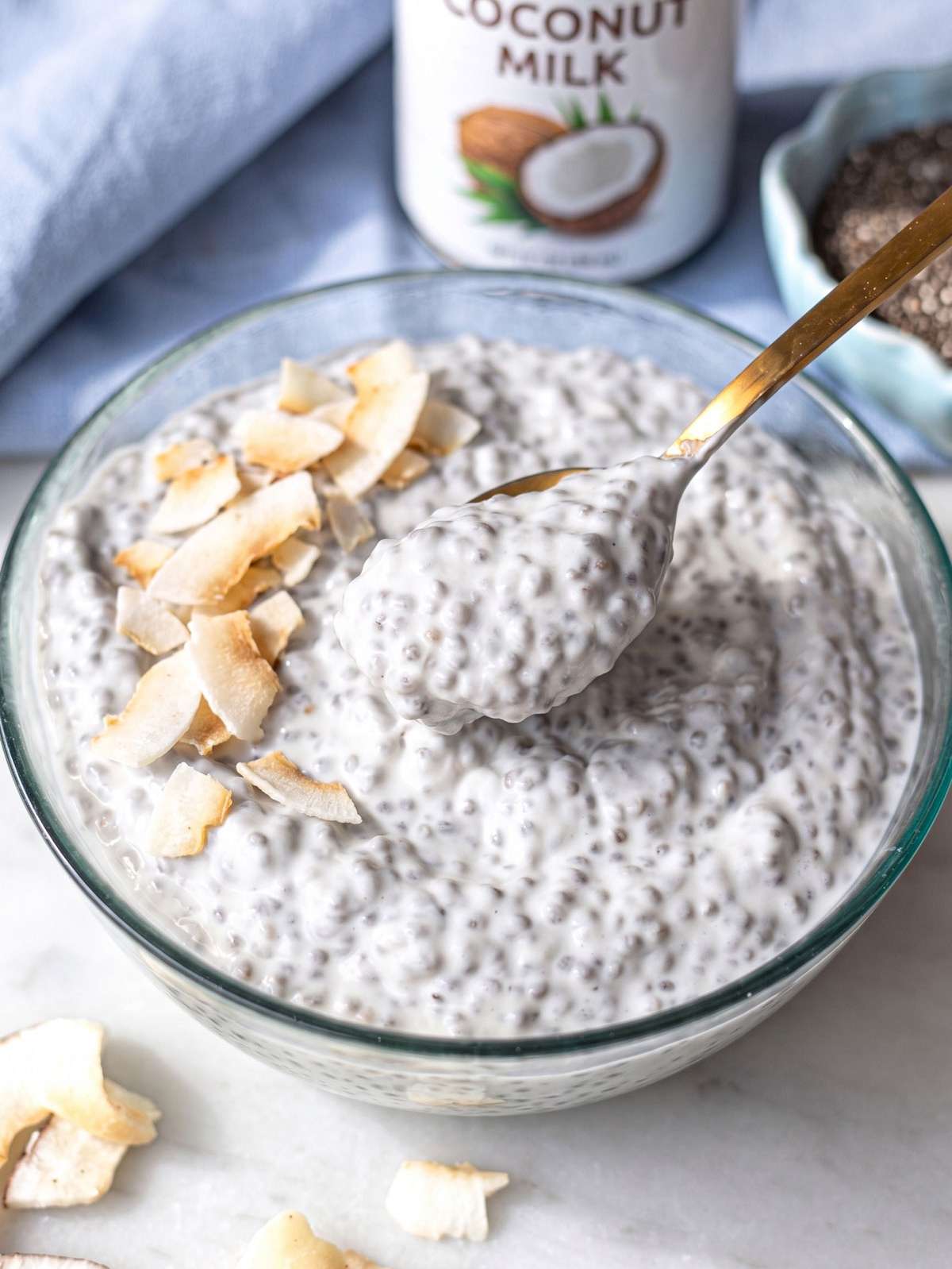 Coconut chia pudding in breakfast bowl with creamy texture and spoon on marble surface.