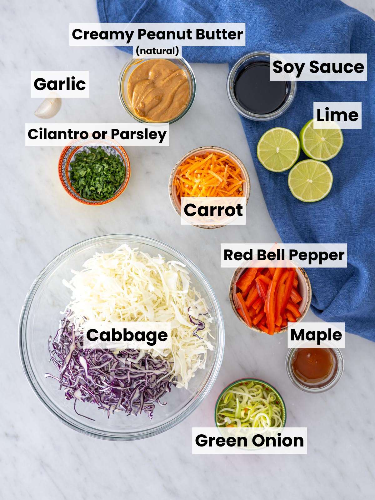 Fresh cabbage, carrots, bell pepper, herbs, peanut butter, lime, and soy sauce on marble.