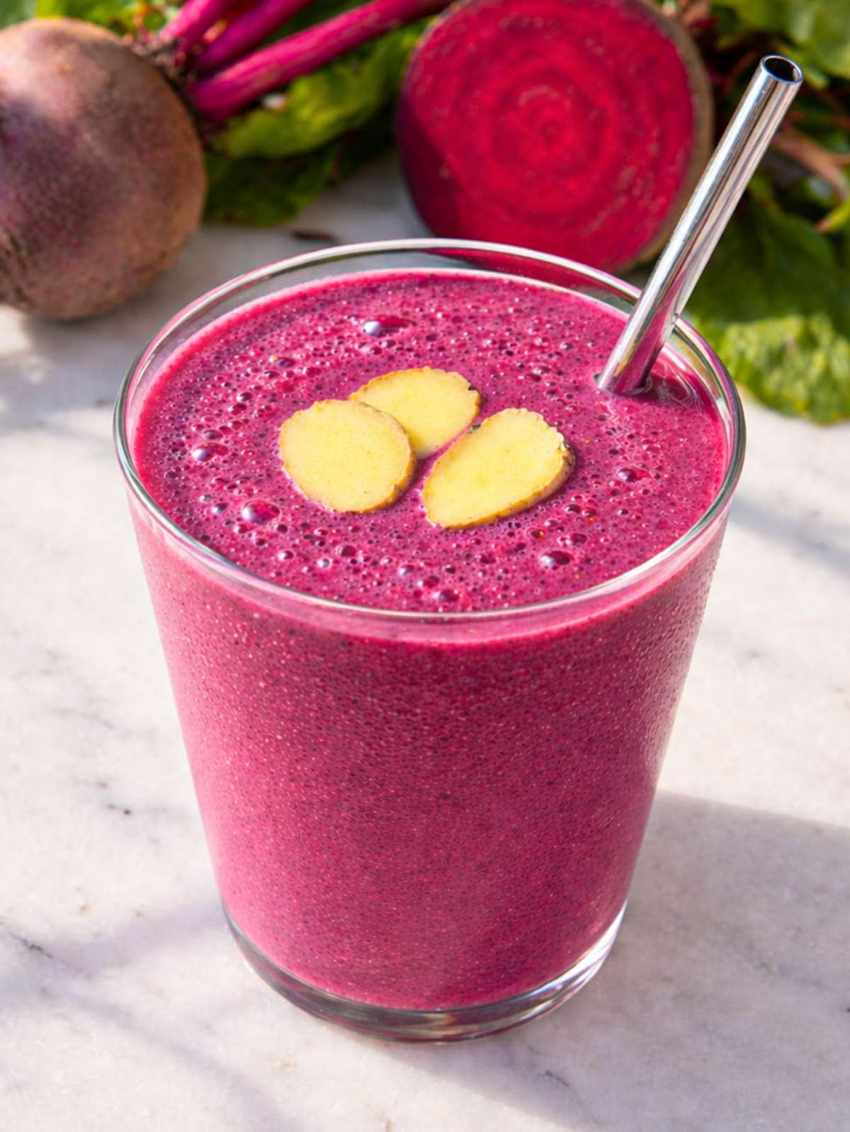 Glass of beet smoothie on marble table with soft light and vibrant purple color.