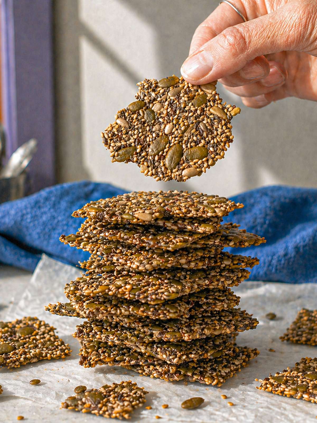 Hand holding a thin seed cracker above a tall stack of crispy seed crackers in natural light.