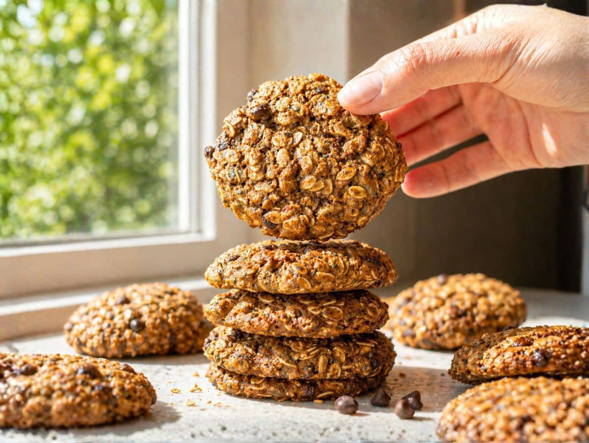 Hand holding healthy breakfast cookie above stack, showing detailed oat texture.