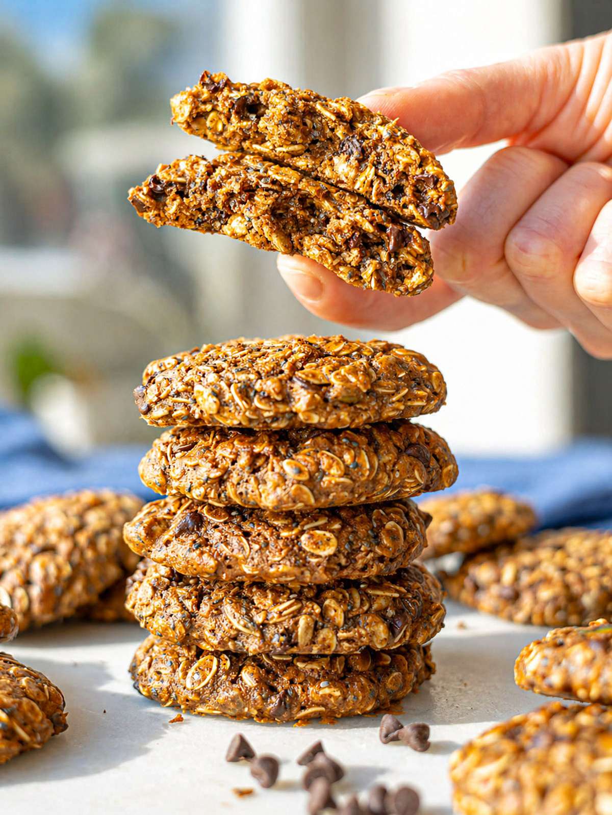 Hand holding two halves of healthy breakfast cookie, showing soft, chewy oat texture inside.