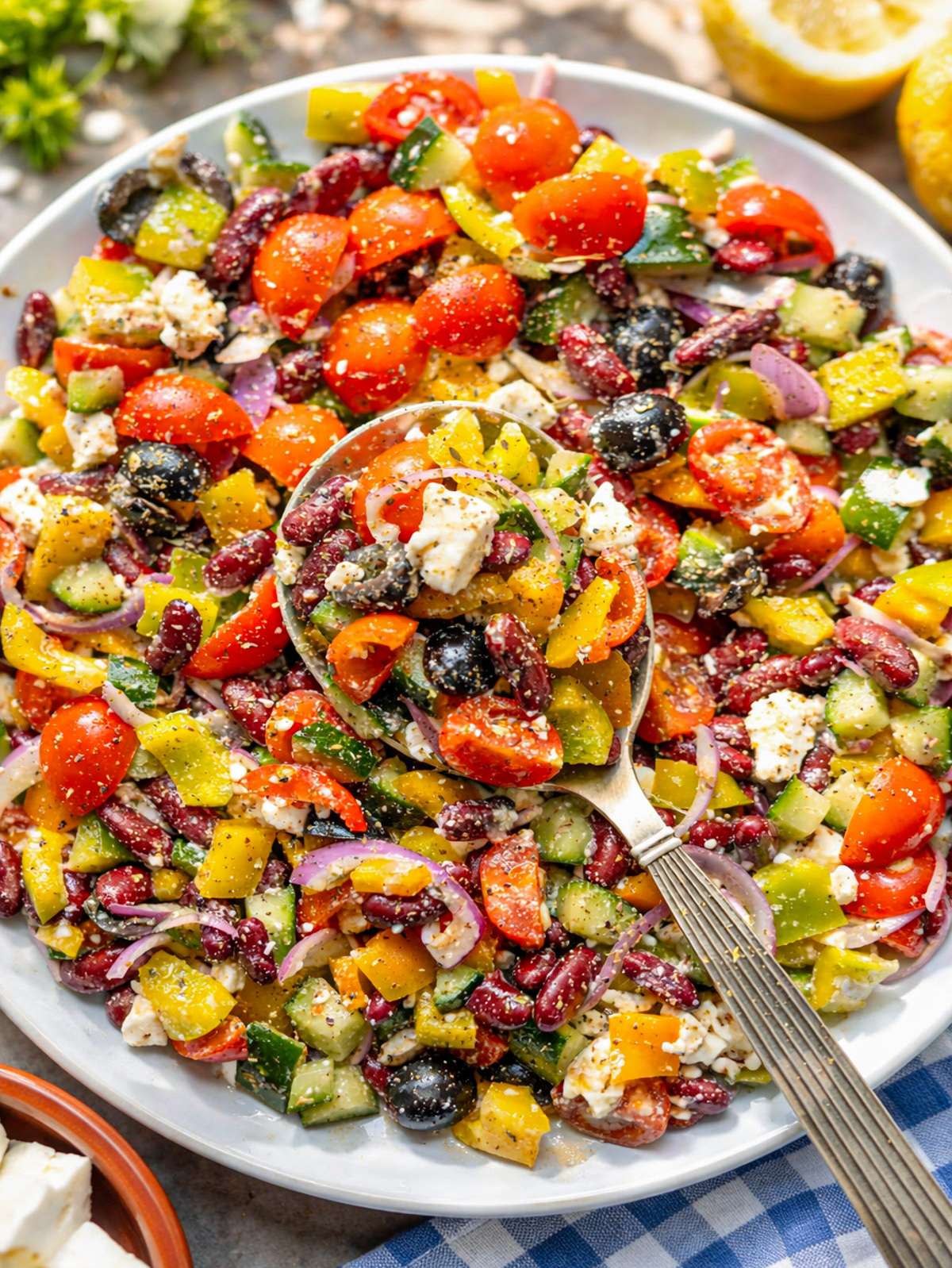Kidney bean salad in bowl with feta olives and vegetables on marble surface.