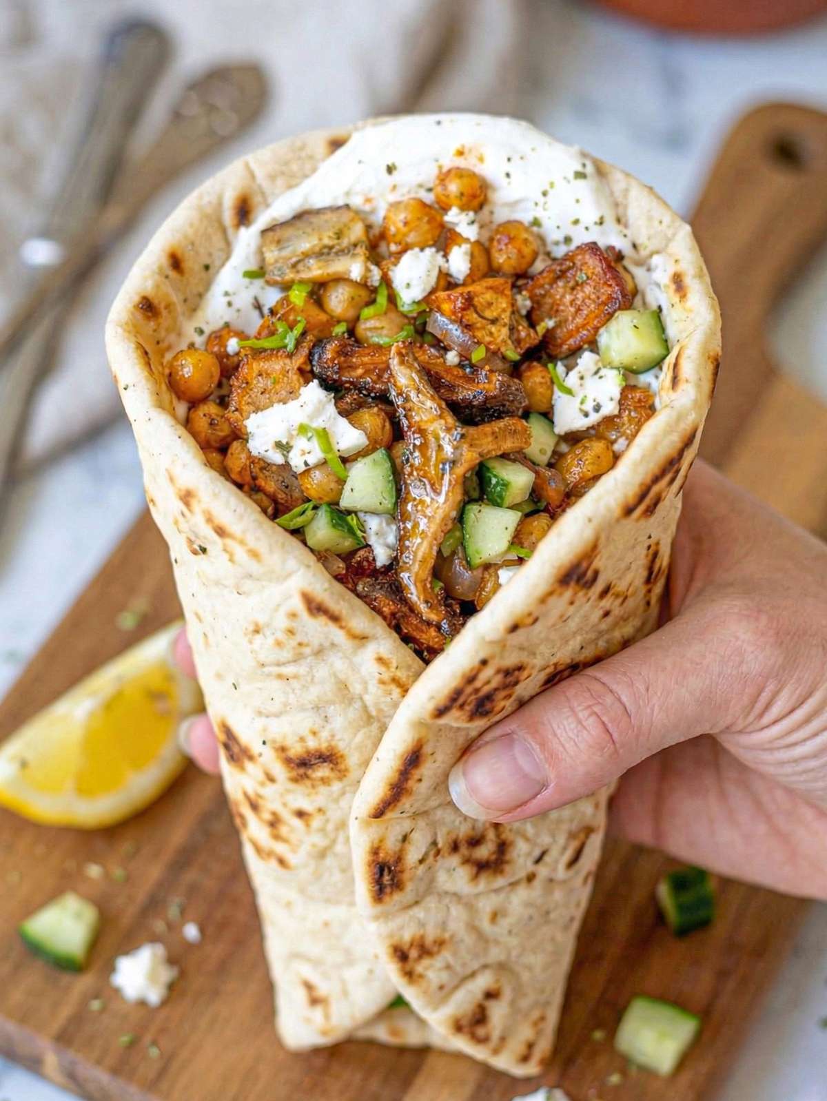 Louise holding a vegetable shawarma in warm pita with yogurt, herbs, and roasted vegetables.