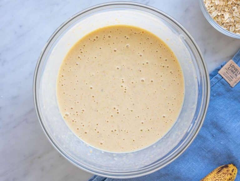 Step 1 Mashed bananas in bowl with whisked yogurt peanut butter and milk mixture.