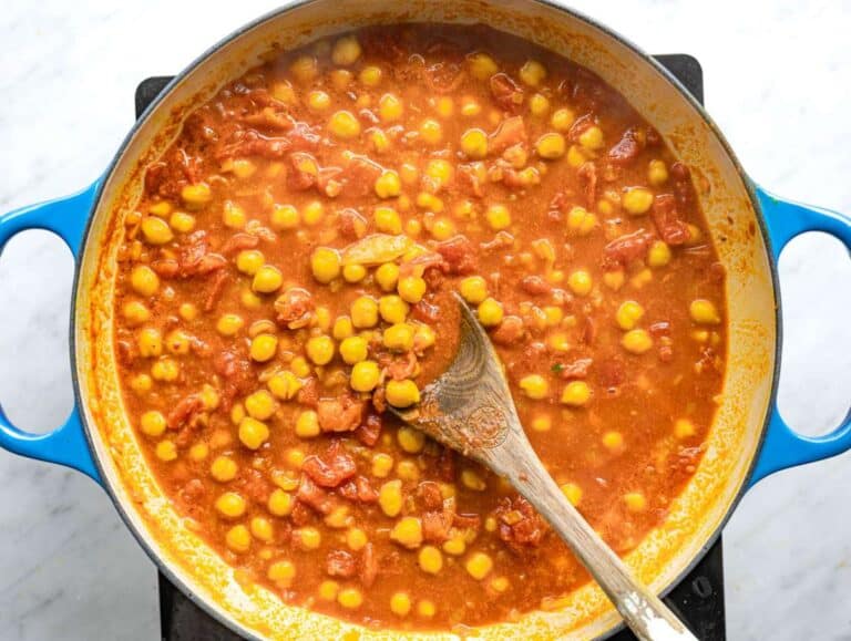 Step 2 Chickpeas, tomatoes, and stock simmering into thick curry.