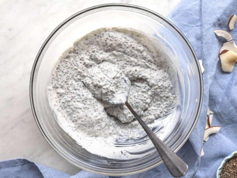 Step 3 Stirring thick coconut chia pudding in bowl before serving.
