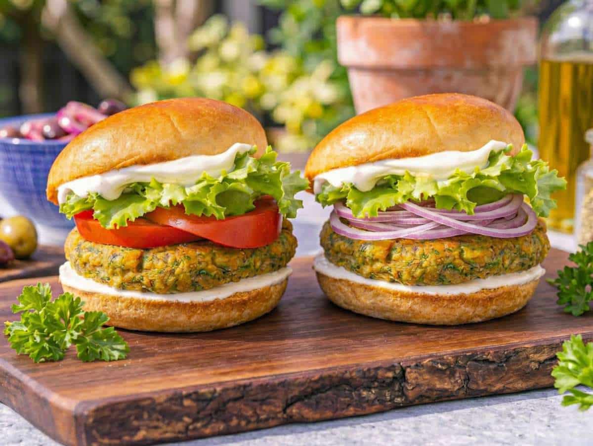 Step 4 Falafel patties seared in pan, then served in buns with fresh toppings and sauce.