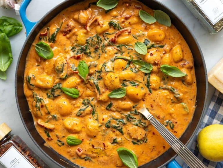 Step 4 Greek yogurt and parmesan stirred into gnocchi creating smooth creamy sauce.