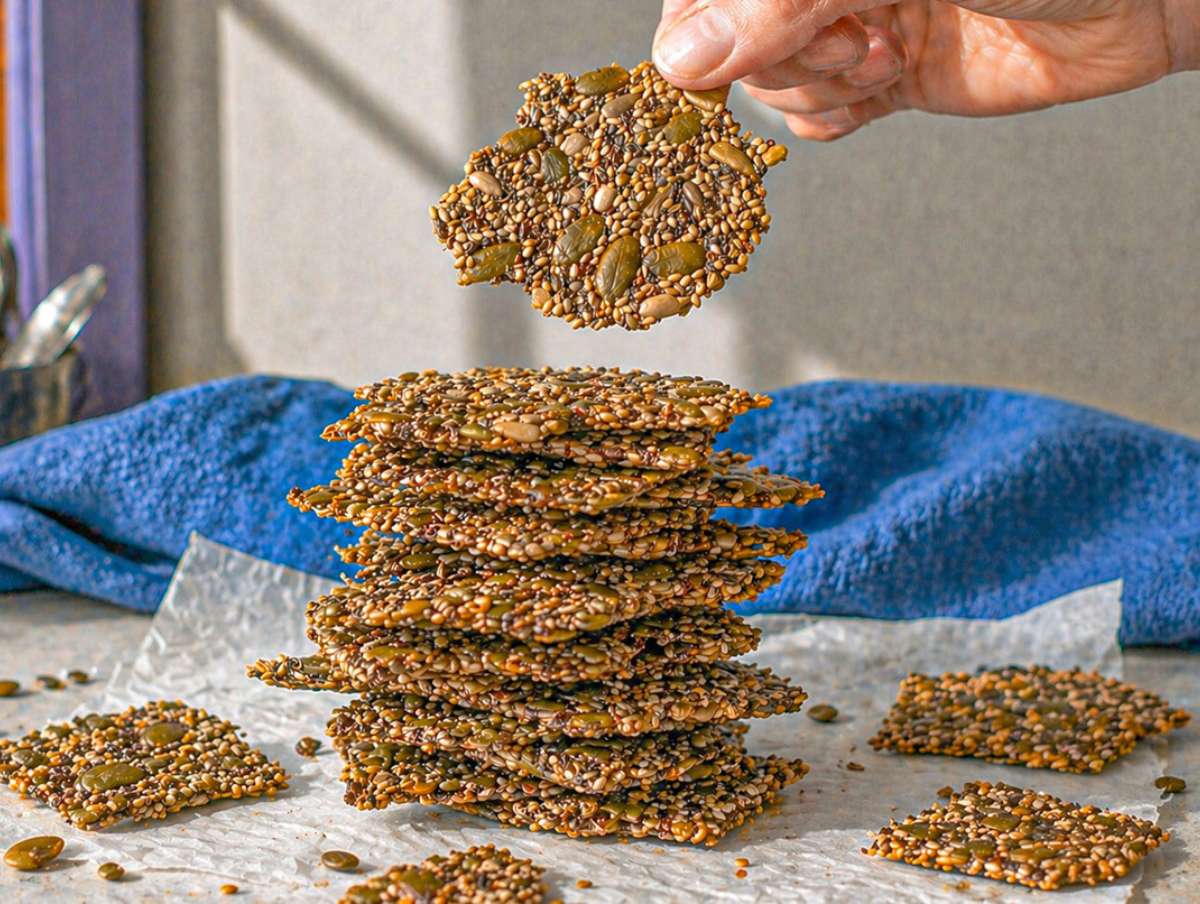 Step 4 Hand holding a thin seed cracker above a stack of crispy crackers on marble.