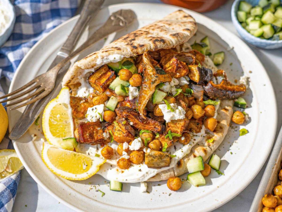Step 4 Spreading yogurt on warm pita and topping with roasted vegetables, chickpeas, and fresh cucumber.