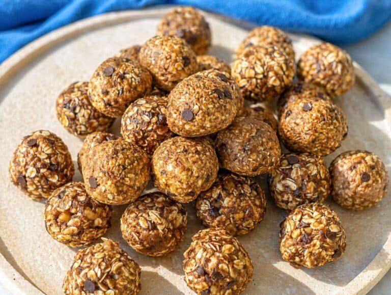 Step 4 banana energy balls after chilling served on a platter.