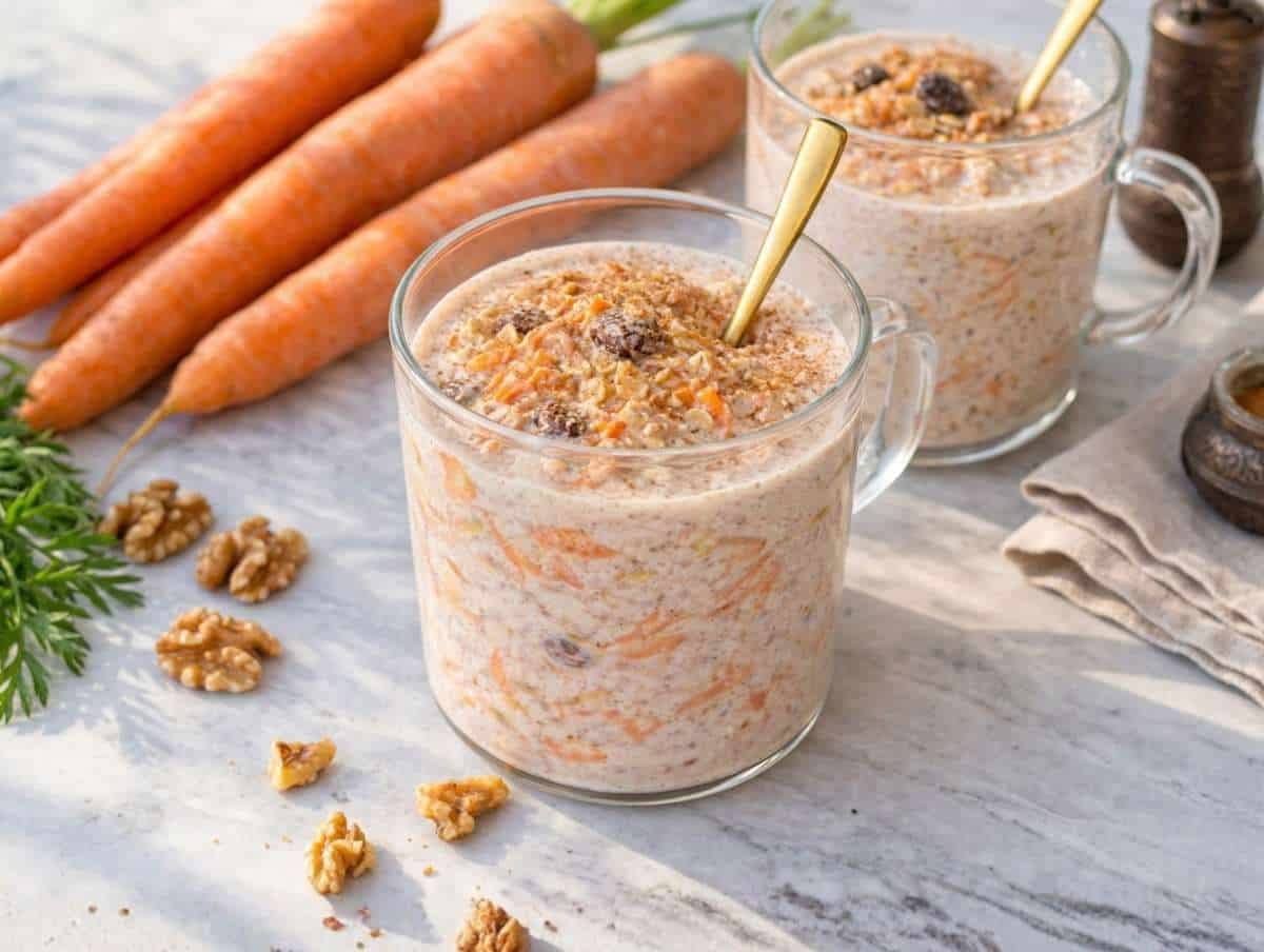 Step 4 creamy carrot cake overnight oats served in glass mugs with visible carrots, raisins, and cinnamon in soft light.