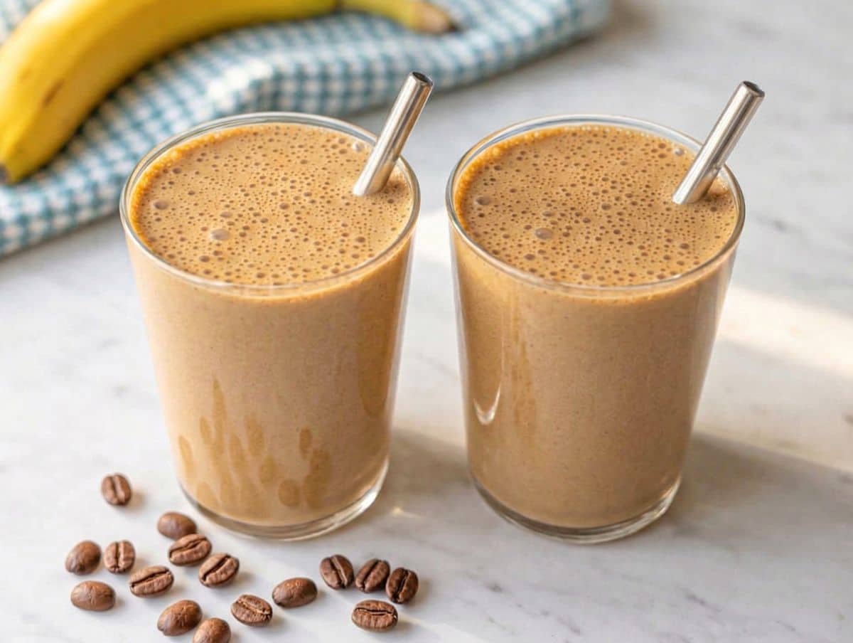 Two glasses of coffee smoothie with metal straws on marble surface with bananas and coffee beans.