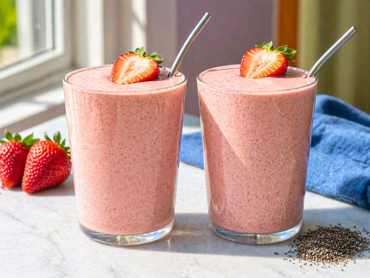 Two glasses of strawberry banana chia seed smoothie with fresh strawberries and metal straws on marble surface.