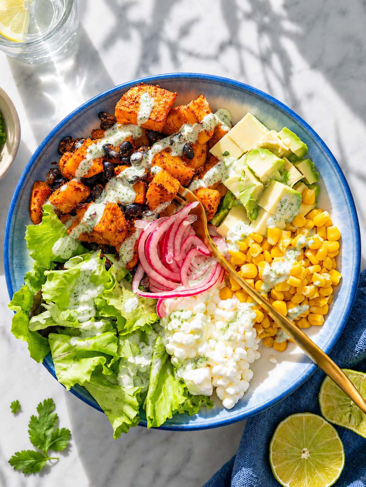 Black bean sweet potato bowl topped with avocado and pickled onions in natural light.