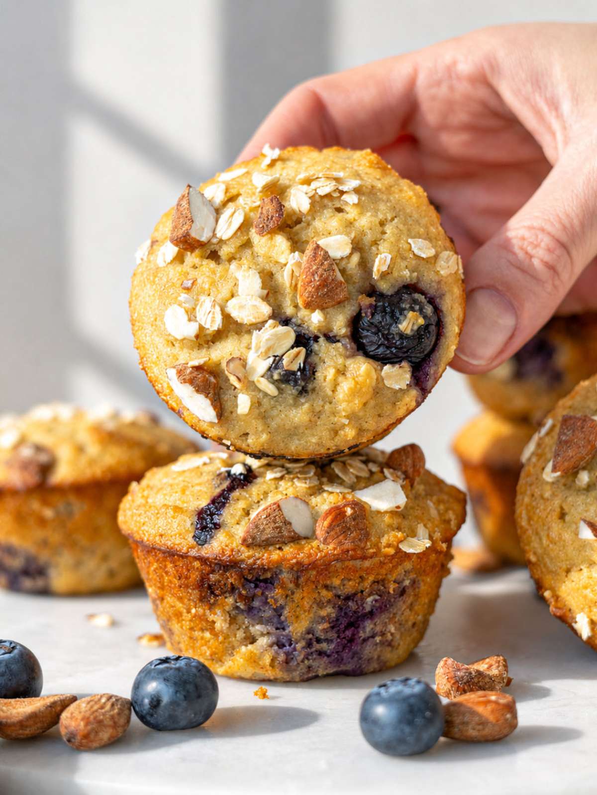 Blueberry protein muffins stacked on a table near a bright kitchen window.