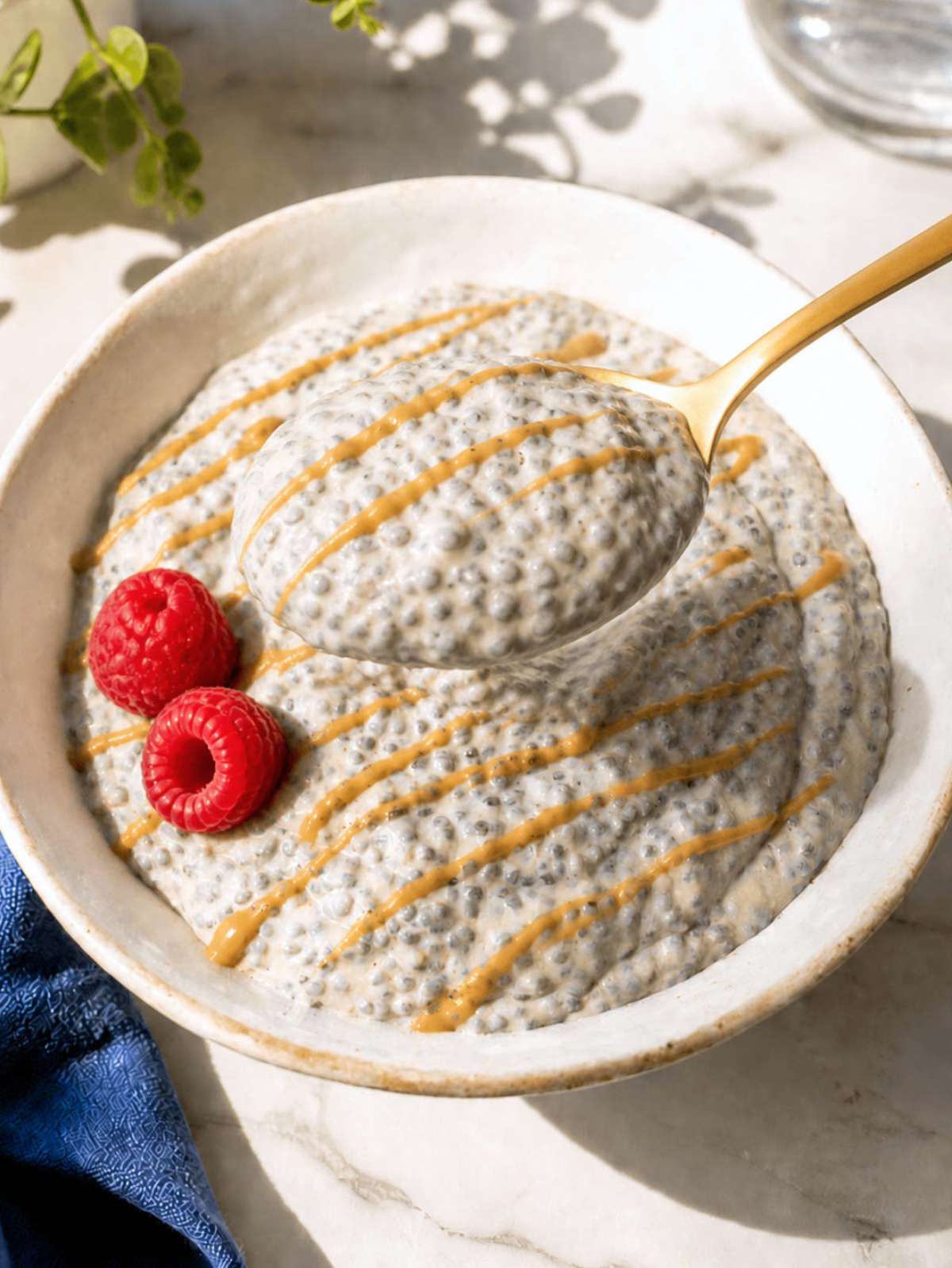 Bowl of protein chia pudding topped with berries and peanut butter.