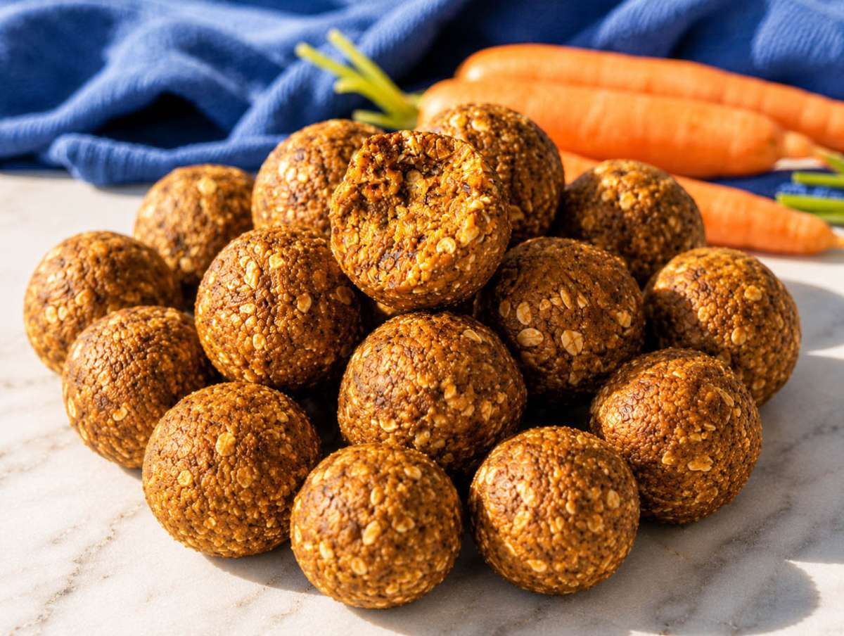 Carrot cake energy balls with oats and walnuts on marble counter beside fresh carrots in natural light.