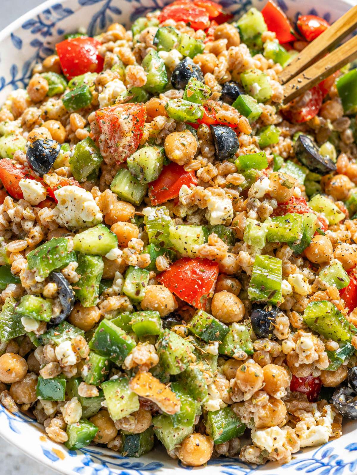 Close-up of Greek farro salad with creamy feta and lemony farro.