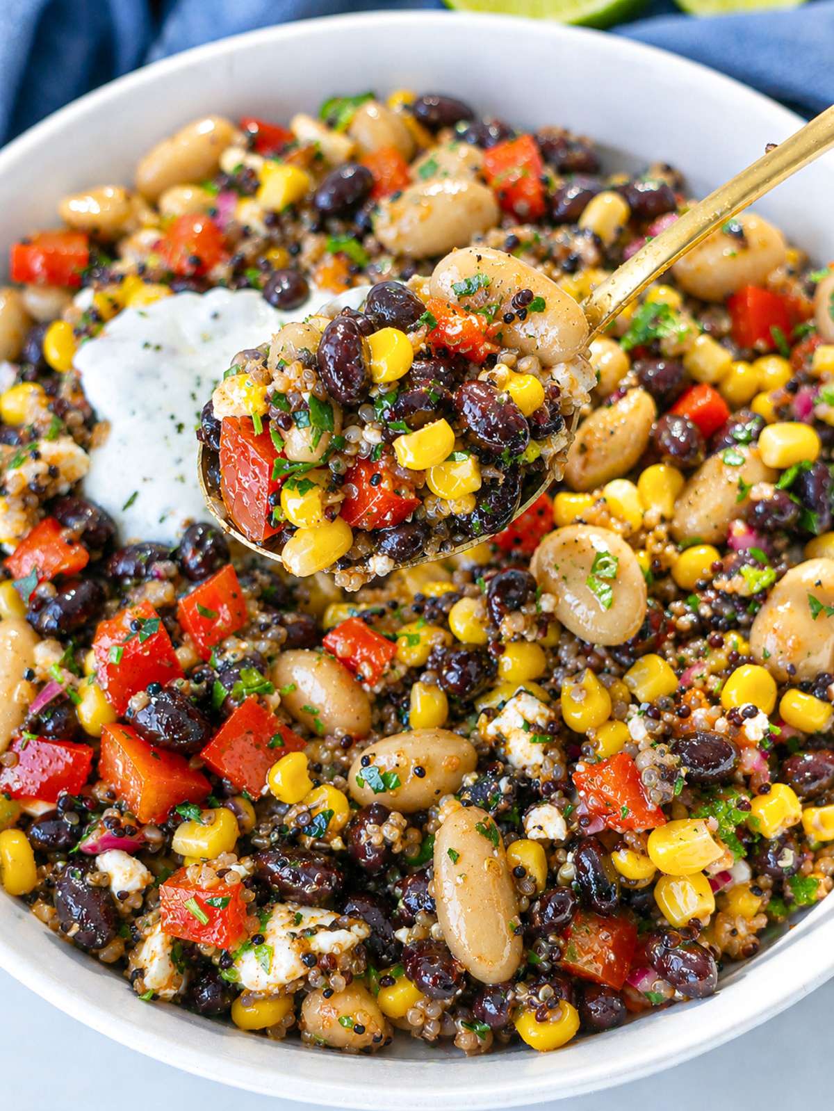 Close-up of Mexican bean salad with black beans and lime dressing.