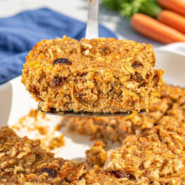 Close-up of carrot cake baked oatmeal.