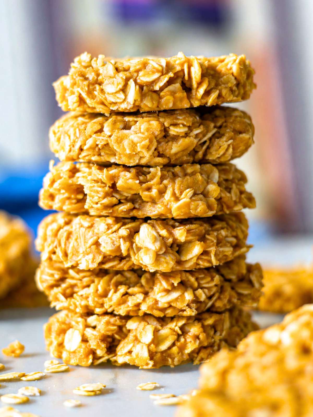 Close-up of peanut butter no bake cookie with rolled oats.