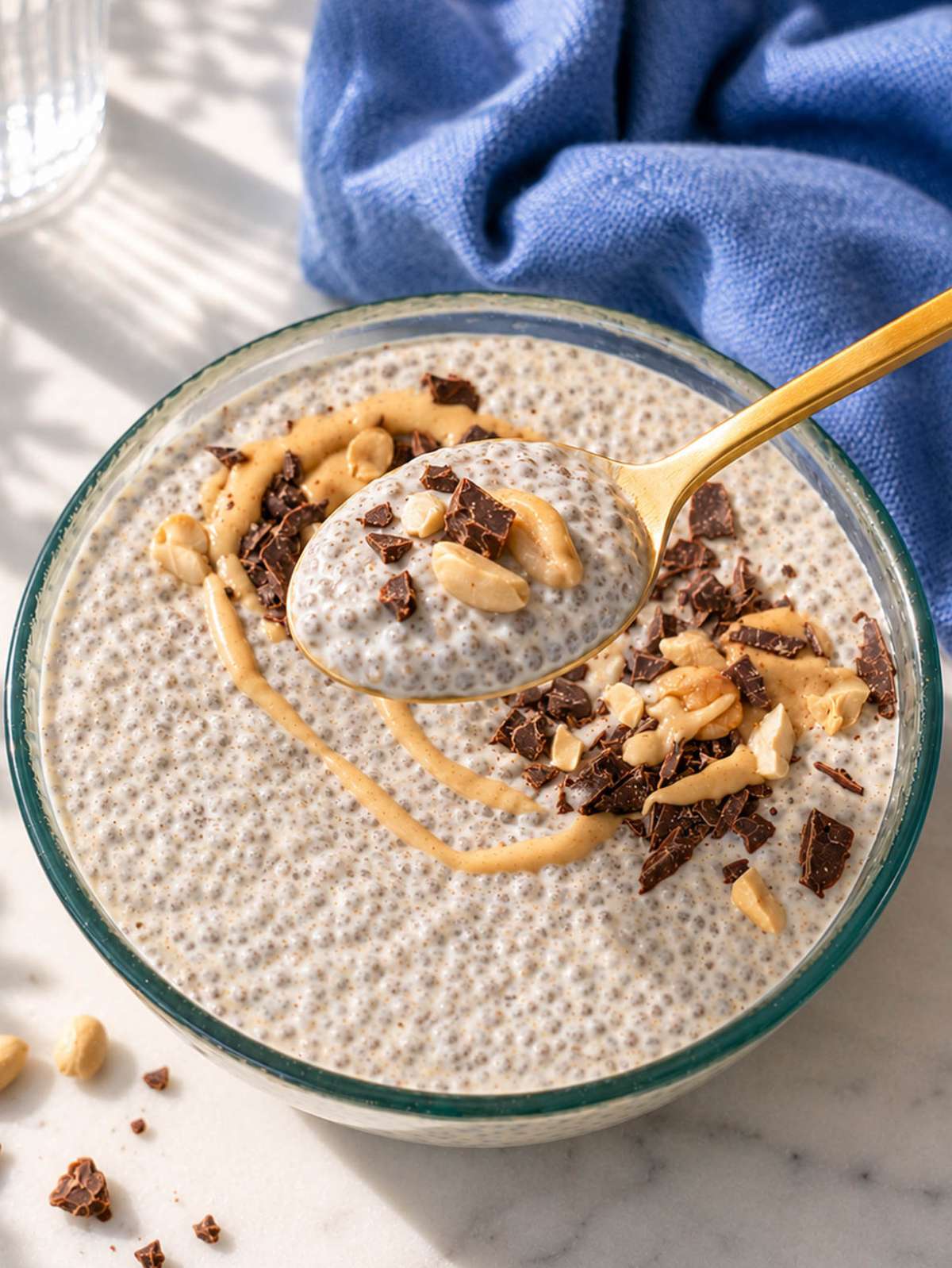 Close-up spoonful of creamy peanut butter chia pudding with dark chocolate and chopped peanuts.