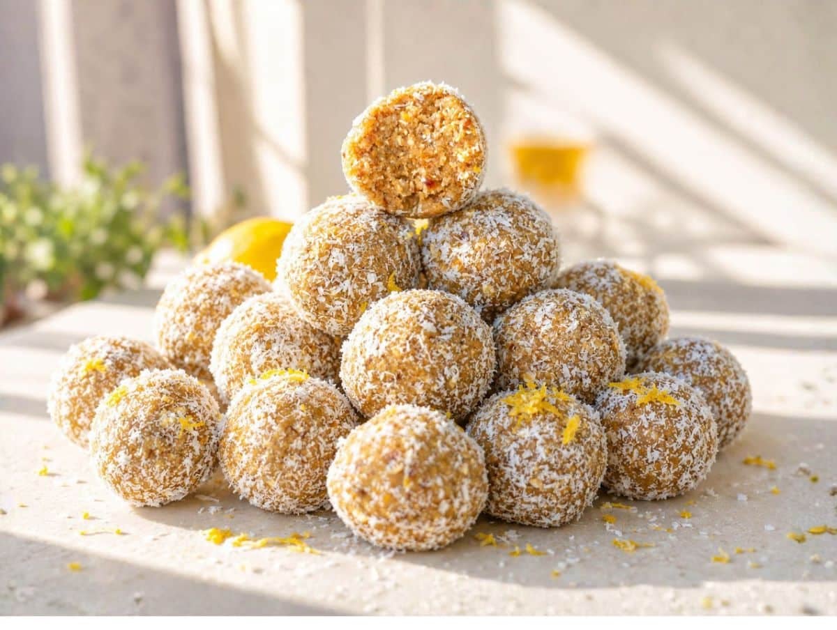 Coconut-coated Lemon Energy Balls stacked on stone platter with bright lemon zest.