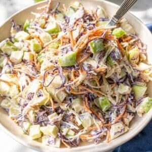 Fresh apple coleslaw with creamy yogurt dressing served in natural window light.