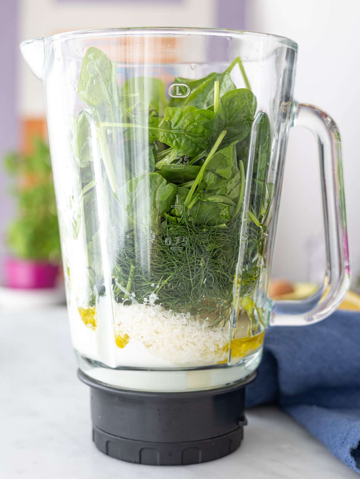 Fresh herbs, yogurt, oil, and cheese layered in blender jar ready to make green dressing.