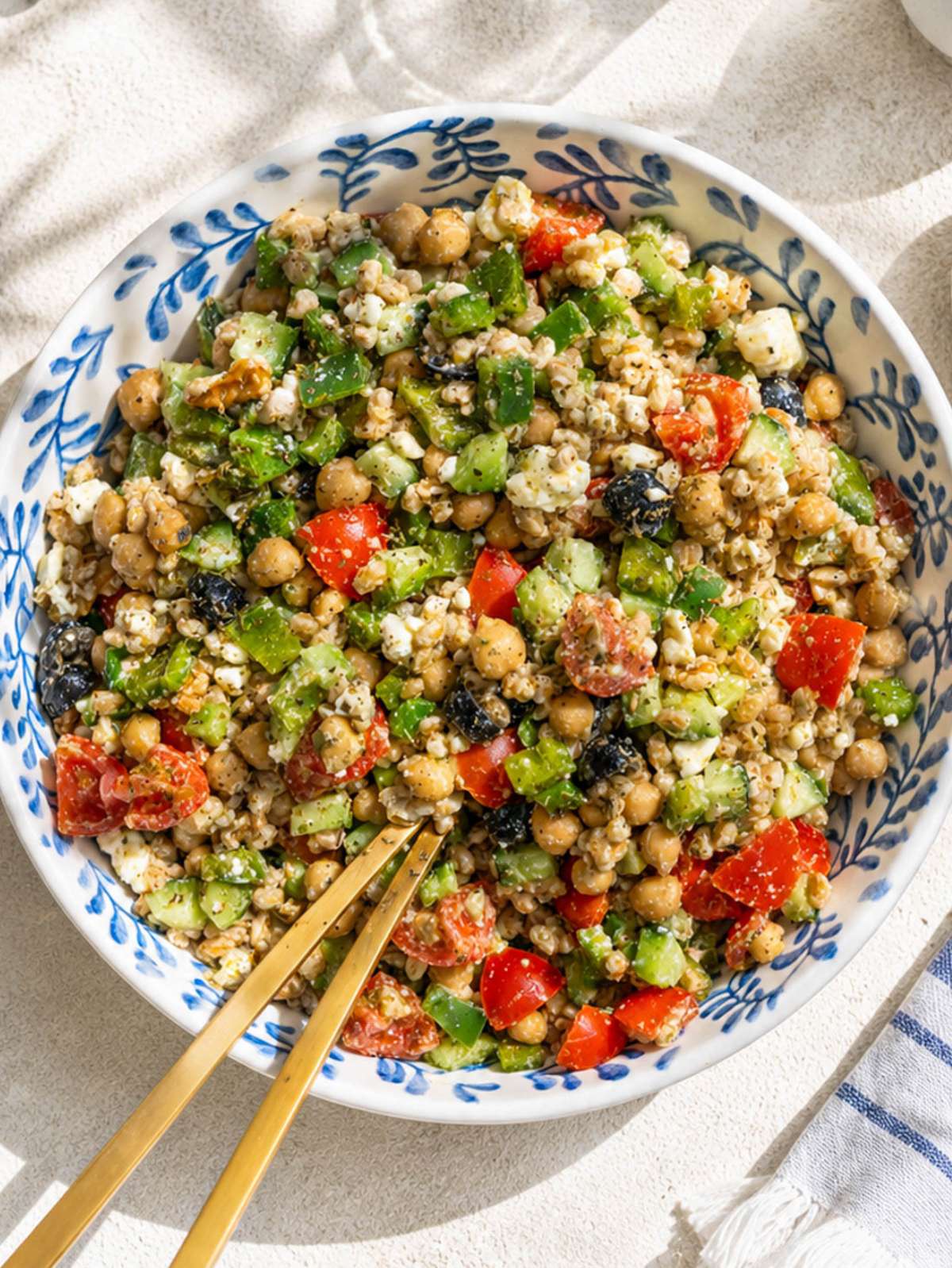 Greek farro salad with feta, chickpeas, tomatoes, and olives in ceramic serving bowl.