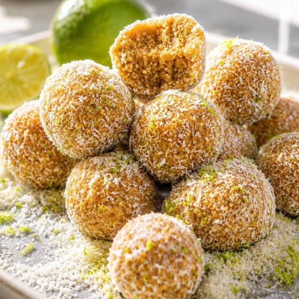 Key lime pie energy balls rolled in coconut and lime zest.