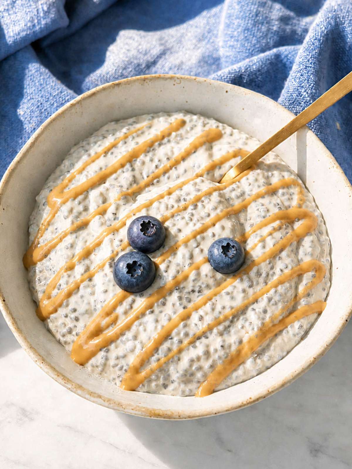 Protein chia pudding in bowl with blueberries and peanut butter drizzle.