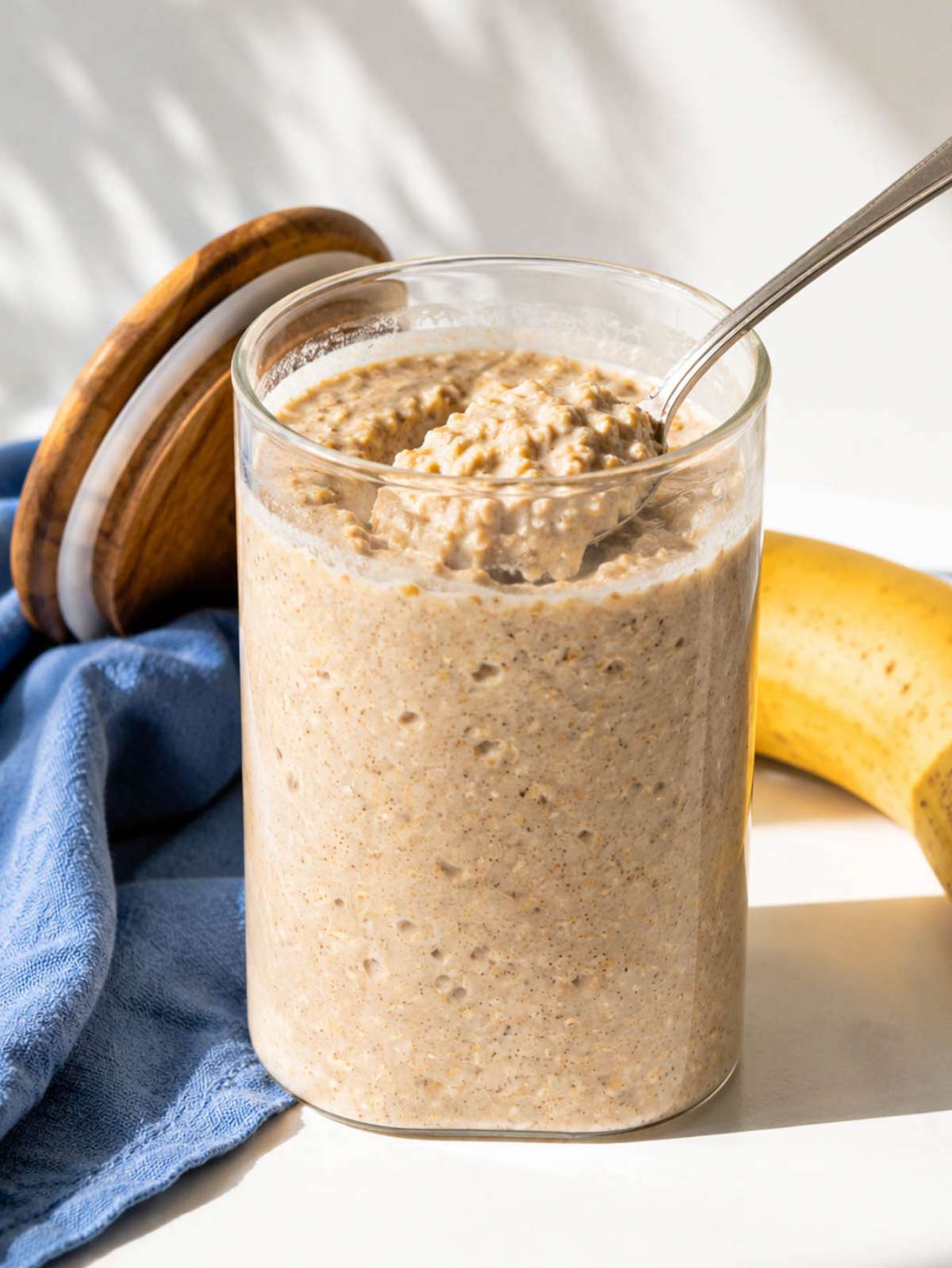 Protein overnight oats in a glass jar beside a ripe banana and blue kitchen towel.