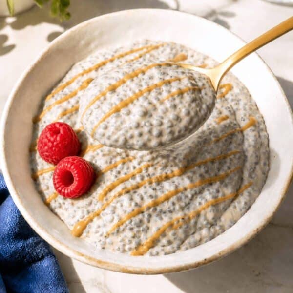 Spoon dipping into creamy protein chia pudding.
