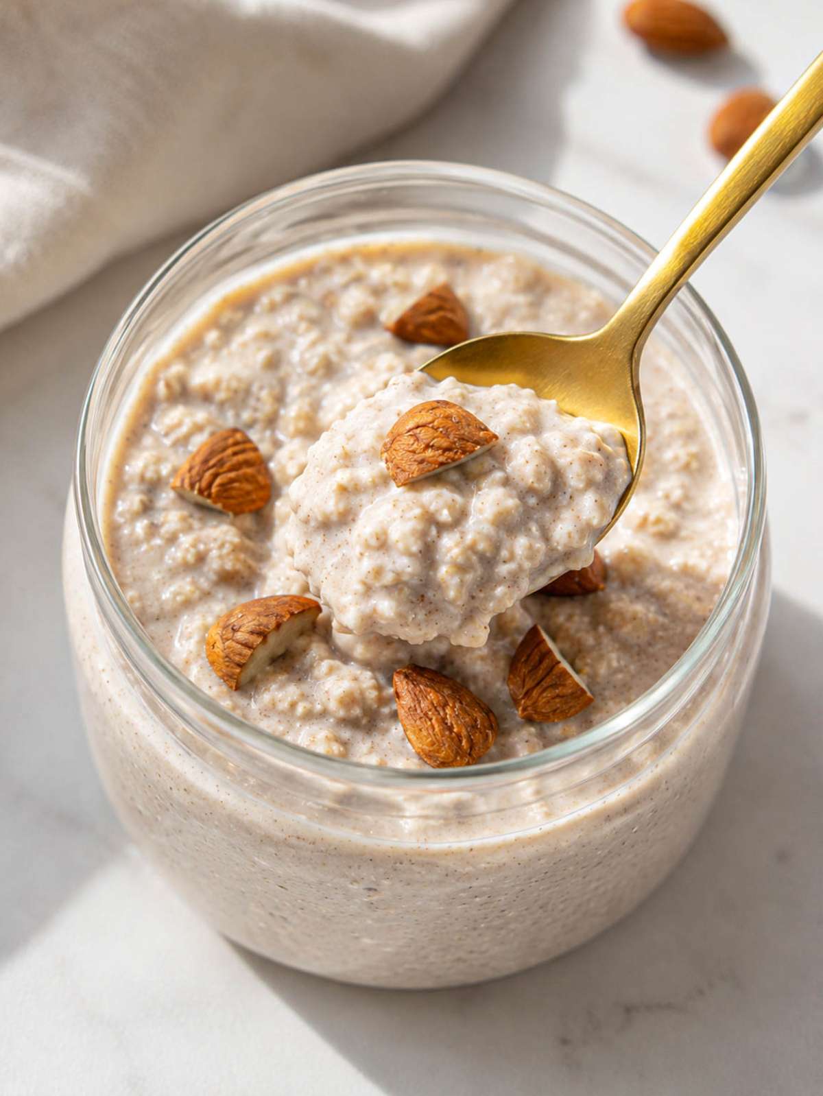 Spoonful of creamy protein overnight oats topped with almonds in soft natural morning light.