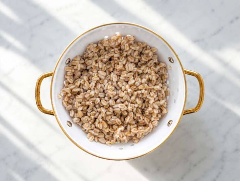 Step 1 Boiled pearled farro cooling down in a colander.